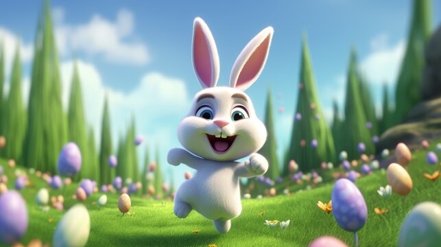 White rabbit running on green grass field with colorful easter eggs on the ground, Generative AI