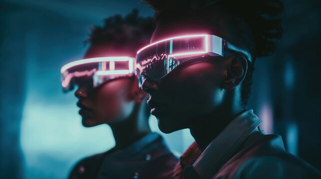 Cyberpunk style portrait of two people with neon VR glasses