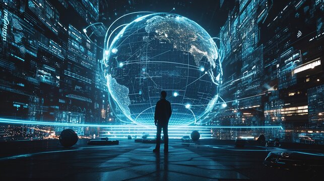 Businessman, night or vr global network hologram for digital future technology, big data or virtual reality. Dark office, globe overlay or person in futuristic metaverse world