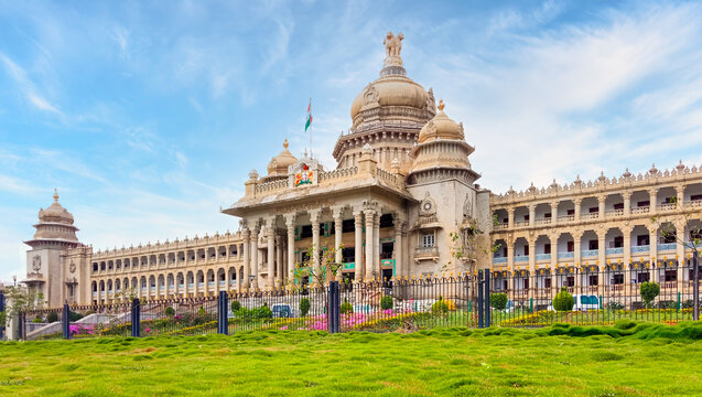 Low angle view of a government building, Vidhana Soudha, Bangalore, Karnataka, India