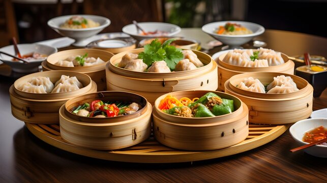 yumcha, dim sum in bamboo steamer, chinese cuisine