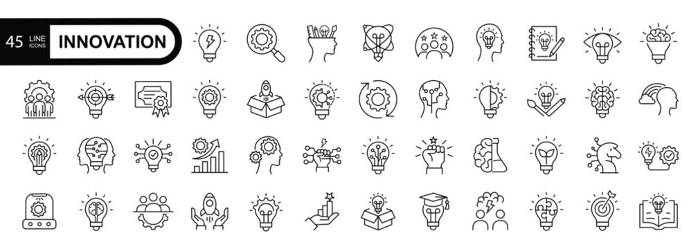 Innovation  editable stroke outline icon set. Light bulb and inspiration icon.  Innovation symbol. vector illustration