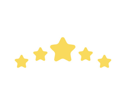 5 gold stars quality rating icon. 5 yellow star product quality rating. Five stars customer product rating vector design and illustration.