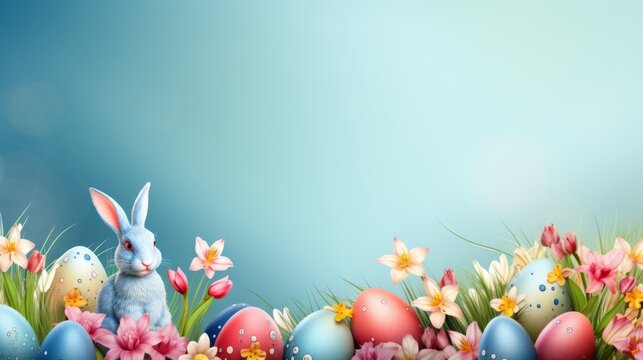 Easter delight: vibrant banner with eggs, bunnies, and blooms, creating a joyful atmosphere. Ample copy space for your easter greetings and wishes