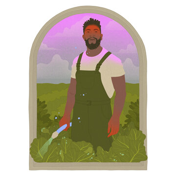 farmer watering crops in an outdoor field square editorial illustration transparent background