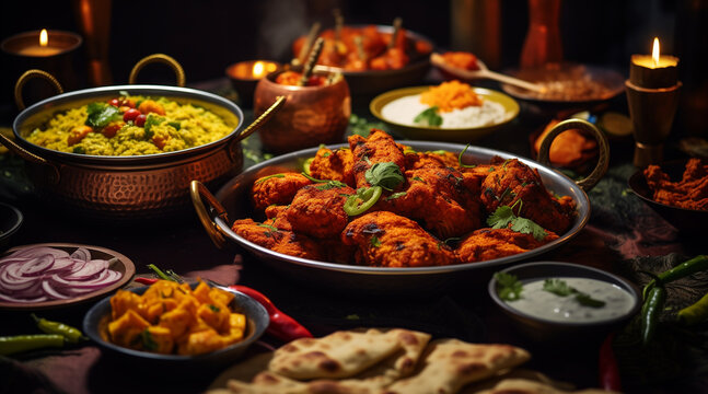 indian food feast with chicken tikka masala curry, tandoori chicken and appetizers