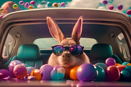 Cute Easter Bunny with sunglasses looking out of a car filed with easter eggs