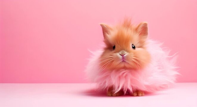 A fluffy orange bunny against a soft pink background.