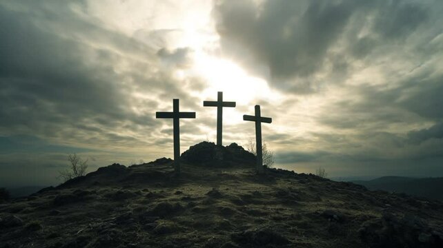 hill of calvary golgotha hill with dark cloudy sky stone hill christianity faith catholic chatolic three wooden cross