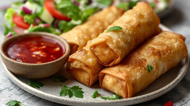 Delicious Chinese fried spring roll on a plate with a red dipping sauce and salad. food photography