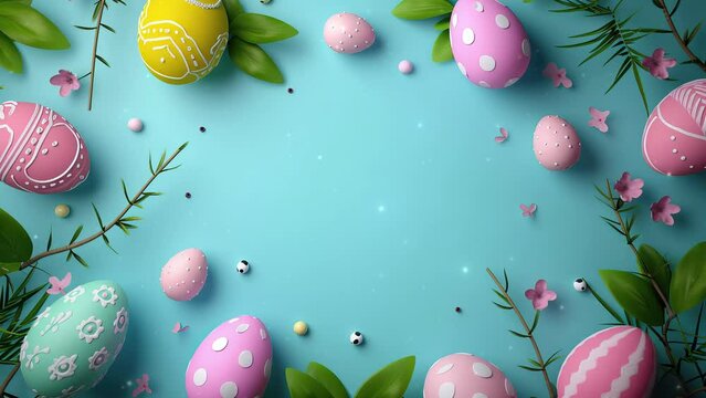 Happy Easter greeting background with Easter eggs. Colorful easter eggs background with copy space area for text. Frame background.