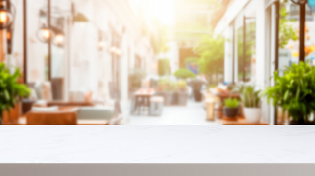 Empty marble table with empty white mockup in front of the blurred restaurant background