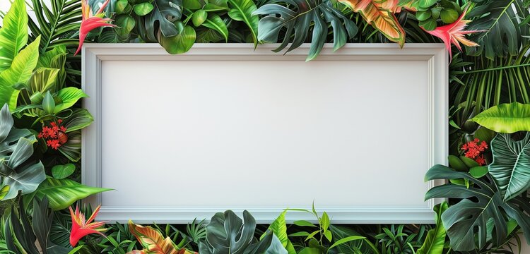 An empty frame mockup with a vibrant, tropical foliage border, adding an exotic touch to a bright interior.