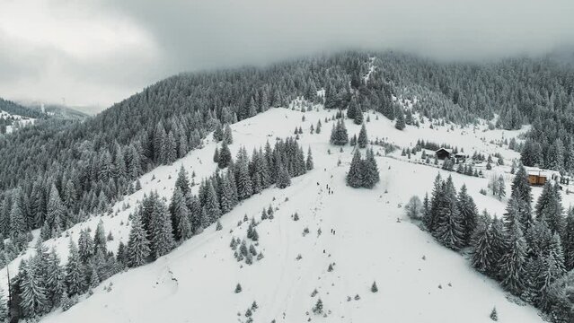 Drone footage of  Winter Carpathian Mountains, Sinaia Romania