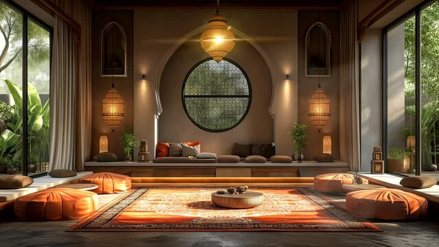 Cozy living room in middle-eastern style with Ramadan decorations. seamless looping 4k time-lapse animation video background