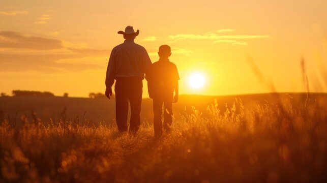 An old farmer walks into the sunset with his son.