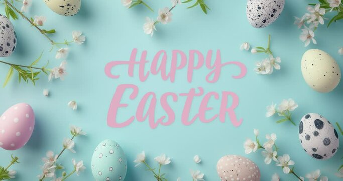 easter holliday, pink happy easter animated type, hand written letters, colorful eggs and fresh flowers on light blue background
