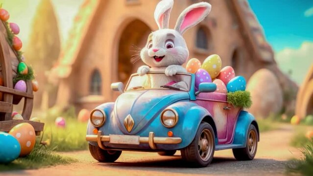 A cute and cheerful Easter bunny is carrying Easter eggs and sweets in a car