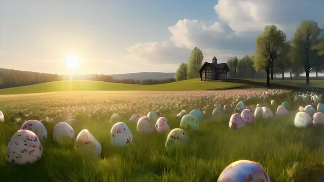 3d animated Video Footage of Grass field filled with easter eggs and sunlight background, copy space area. Suitable for Happy Easter Videos.