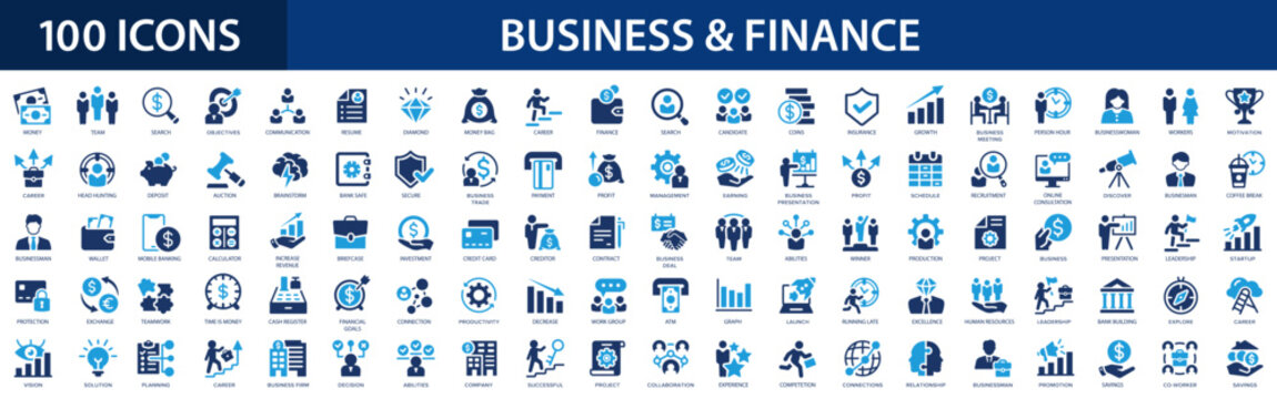 Business and finance flat icons set. Meeting, bank, money, partnership, payments, business team, wallet, profit, company, management, planning icons and more signs. Flat icon collection.