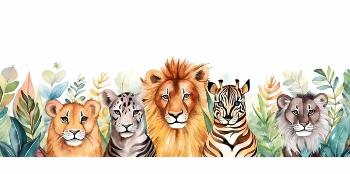 Seamless border with cute cartoon lion, zebra and tiger, Generative AI illustrations.