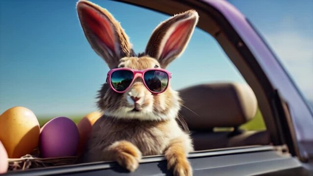 Easter bunny wearing glasses with easter egg in a car window. Suitable for Happy Easter video.