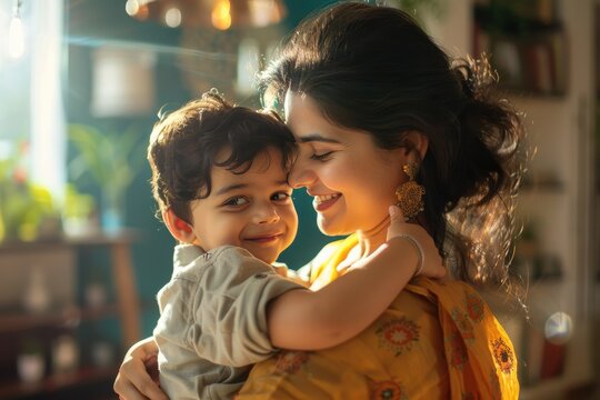 Happy Indian mother holding her 5-year-old son at home. Smiling young mom and adorable boy child. Warm loving moment.