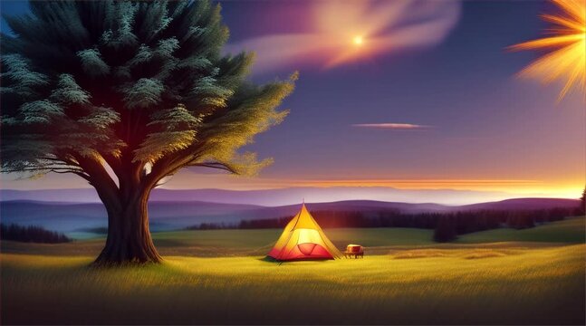 Camping in the mountain forest under a sunset sky with a tent