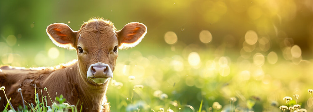 baby cow with a luminous green background cow on farm organic concept