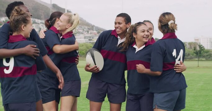 Woman, rugby and team hug in celebration for winning, motivation or sports together on outdoor grass field. Happy female person, friends or group smile for game victory or good match in nature