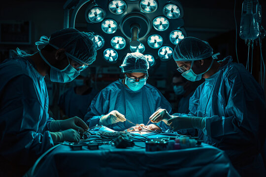 This is medical photograph of three surgeons performing operation on patient, taken in darkly lit operating room. For scientific and clinical use and conveys sense of seriousness and professionalism.