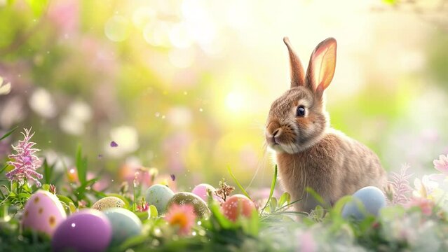 easter bunny with colorful easter egg in grass field with copy space