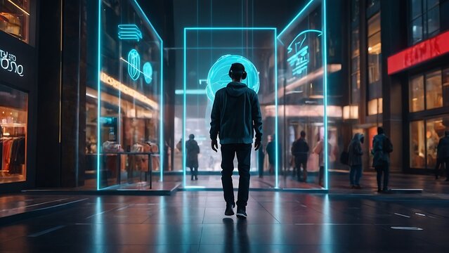 AR Future city concept, Urban Night Life with People Walking, Smiling, and Reflecting City Vibes, Photo realistic style, Metaverse concept with AR, VR, MR, modern style, cyberpunk , supermarket