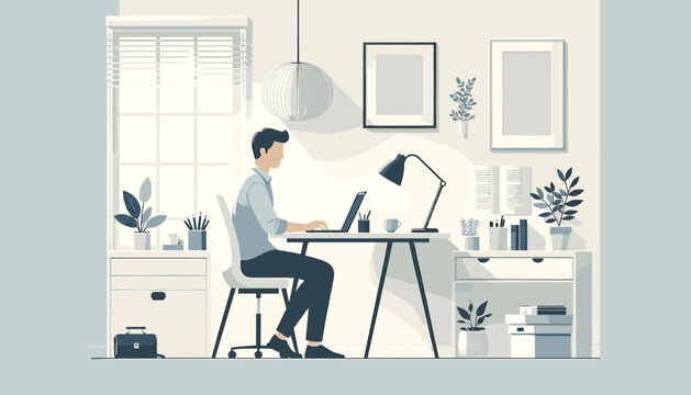 Concept of image of a person working remotely from home .Vector illustration.