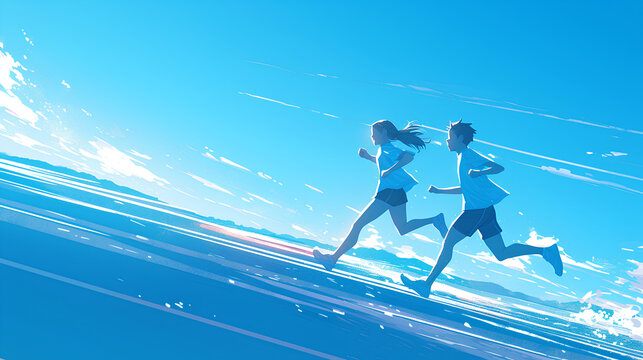 anime boy and girl running from behind lighting