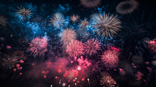 Wonderful vivid fireworks exploding on background of black night sky