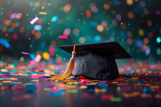 Graduation cap and colorful confetti around. Concept of study achievement and education.