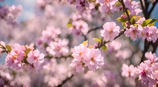 Pink cherry tree blossom flowers blooming in spring, easter time against a natural sunny blurred garden