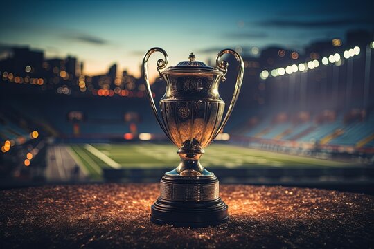 Winner Champion trophy and golden shiny cup victory and success in a sports competition isolated on white background. 3d rendering