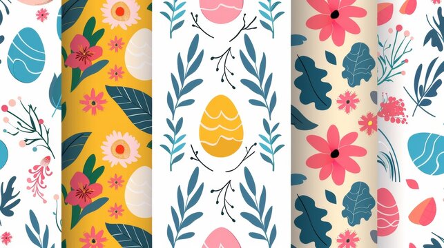 Spring season repeated in fabric pattern for prints, wallpaper, covers, packaging, kids, ads. Set of square cover design with easter egg, flower, foliage.