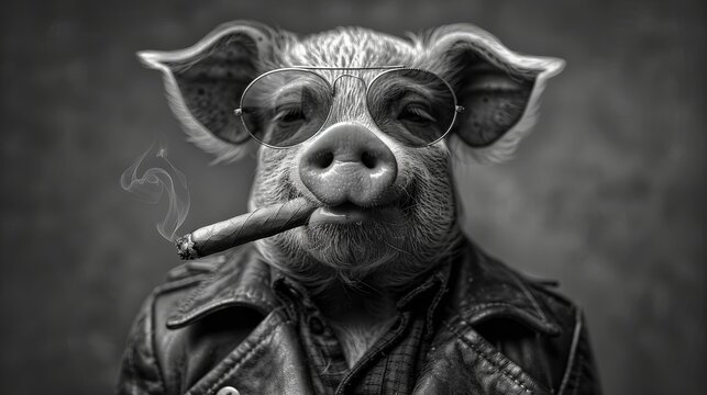 a black and white photo of a pig wearing glasses and a leather jacket with a cigarette in it's mouth.