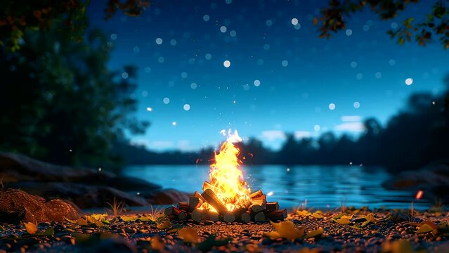 Moonlit Camping Scene: Campfire, Blue Sky. Seamless looping time-lapse 4k video footage animation 