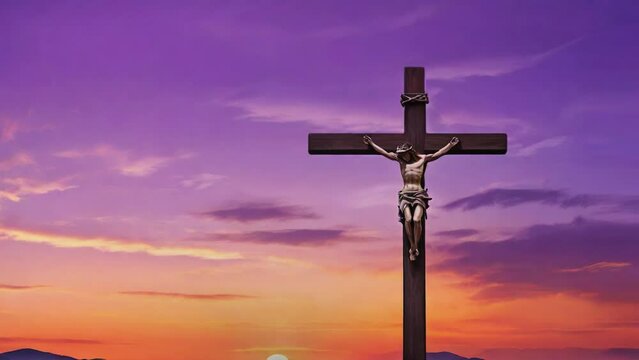 Background Good Friday Cross with purple sky and sunset