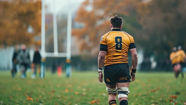 Rugby player in action on the field during a rugby match.