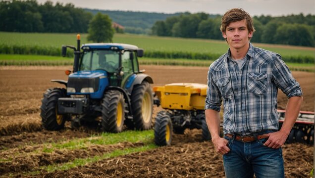 young farmer standing in front of his tractor in the field