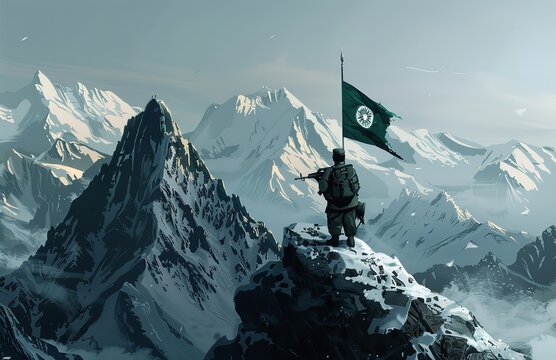 Soldier with Pakistan Flag atop Mountain Summit