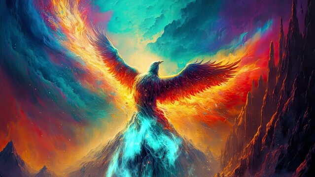 Beautiful giant phoenix with open white wings. Mountains landscape with twilight sky. Epic illustration animation.