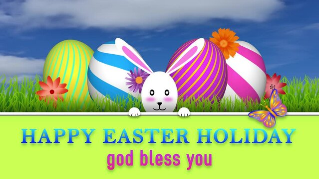 Happy easter holiday and god bless you greetings and beautiful bunny with decorated eggs, butterfly and flowers.