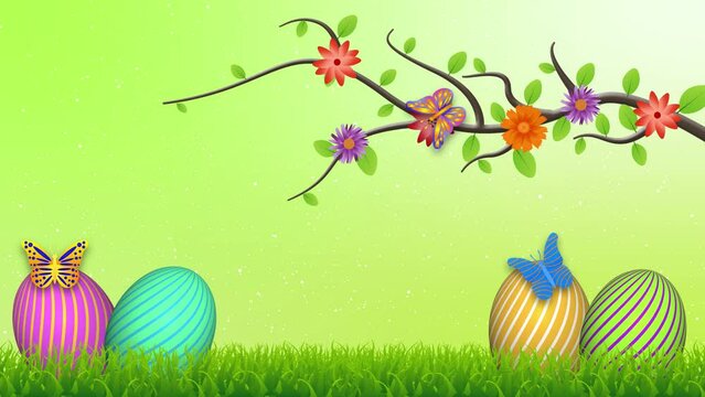 Beautiful easter background with colourful eggs, flowers branch and butterflies. Easter decoration animation.