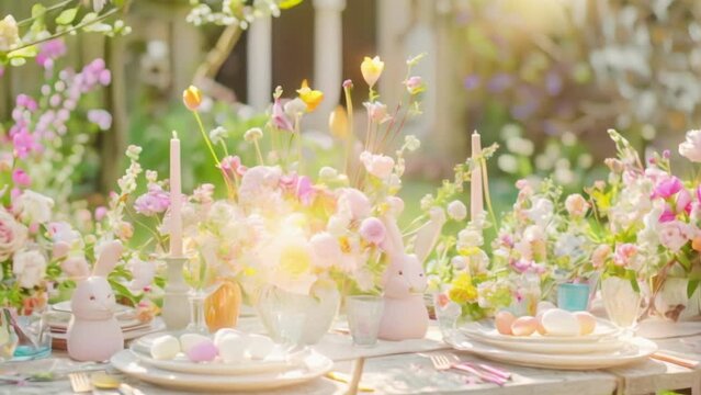 Easter tablescape decoration, floral holiday table decor for family celebration, spring flowers, Easter eggs, Easter bunny and vintage dinnerware, English country and home styling